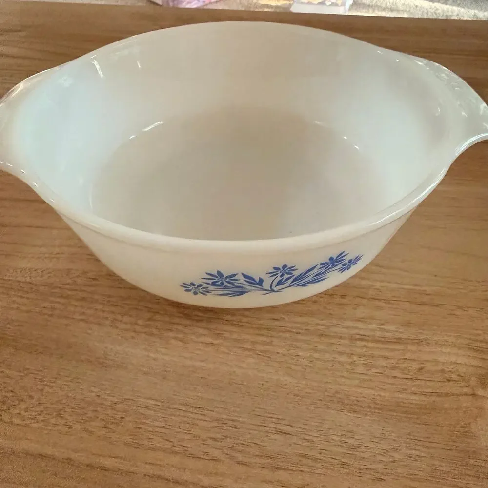 Anchor Hocking Casserole Dish Milk Glass White Blue Cornflower Floral